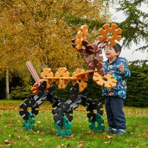 Colorful wooden interlocking gear blocks set with 40 pieces, orange and green pieces