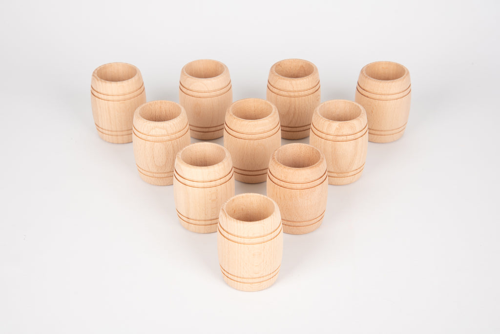 Natural wooden barrel-shaped cups, grouped set with visible wood grain lines
