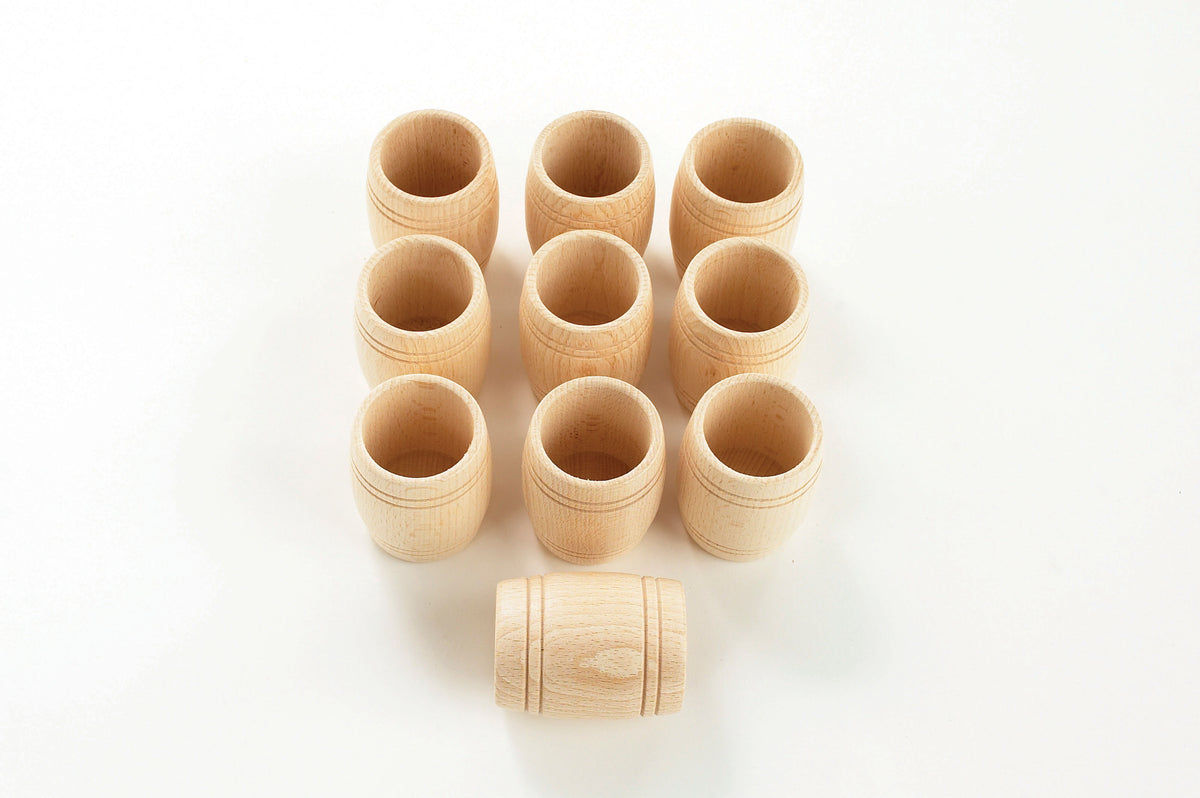 Natural wooden barrel-shaped cups with carved wood grain bands, small set