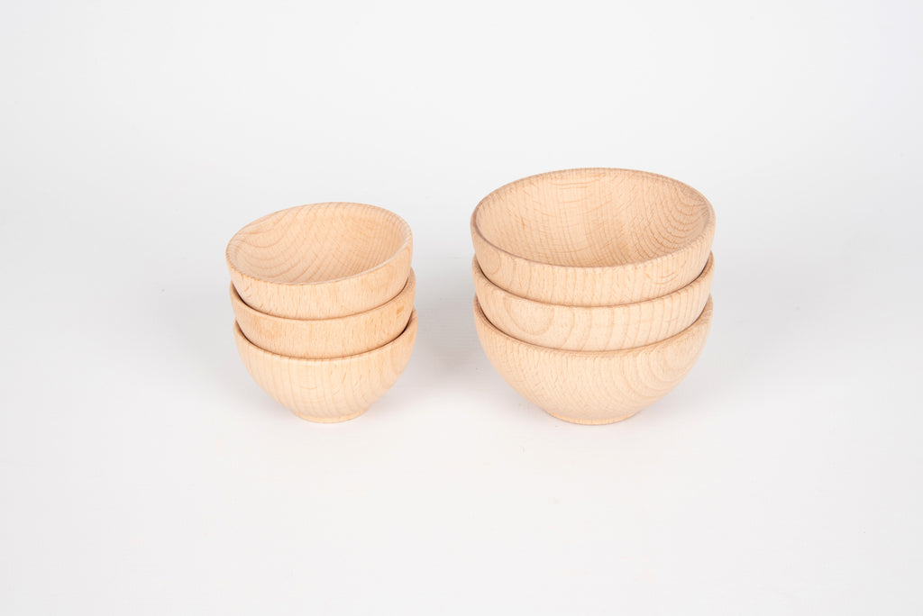 Natural wooden bowls with stacked pairs, small size shown from side angle