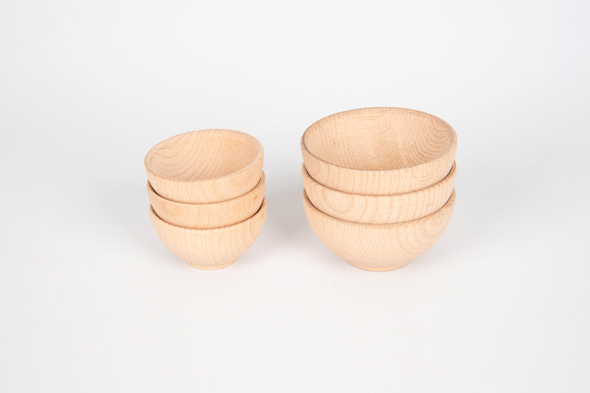 Natural wooden bowls with stacked pairs, small size shown from side angle