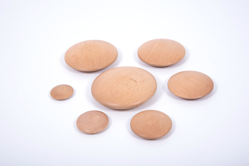 Set of 7 natural wooden buttons, light tan round discs scattered