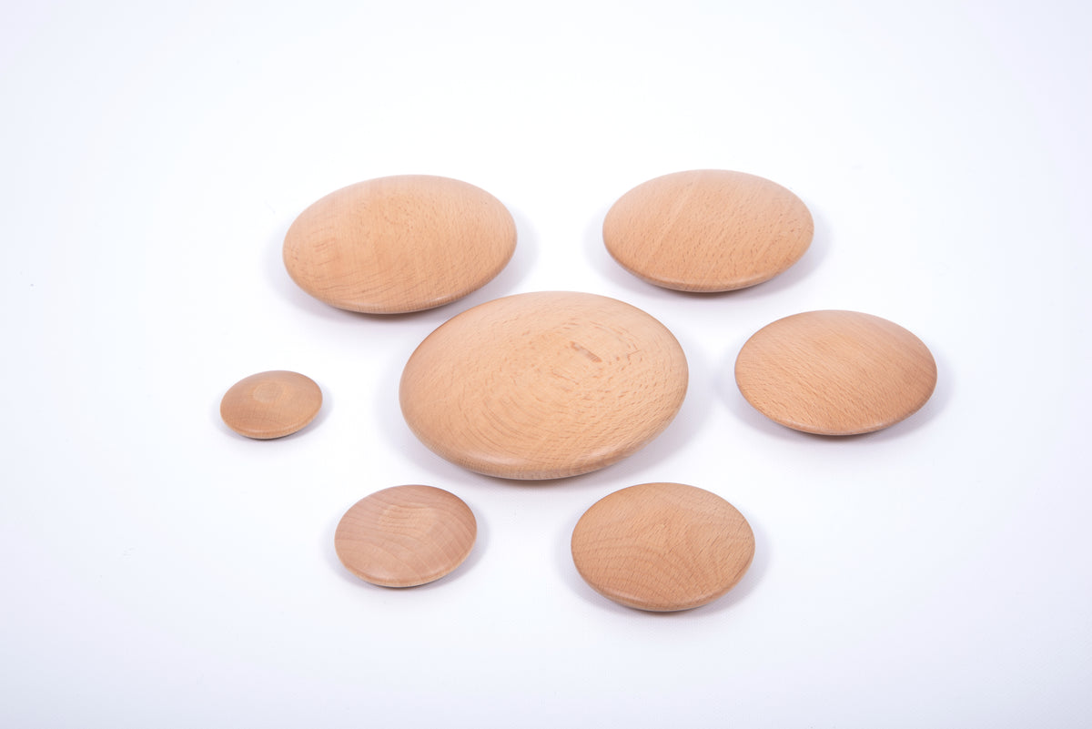 Set of 7 natural wooden buttons, light tan round discs scattered