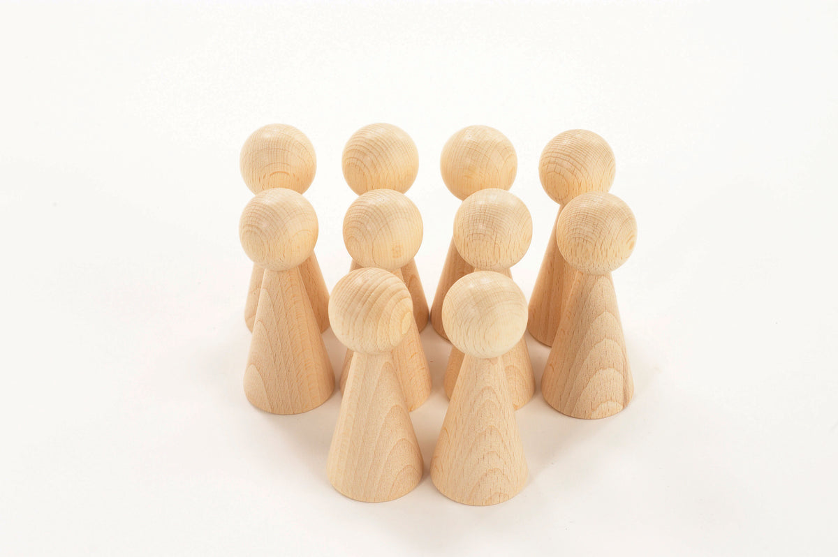 Set of natural wood peg figures with rounded heads and carved bodies