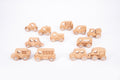 Natural wooden vehicle set with small toy cars and trucks, light wood finish