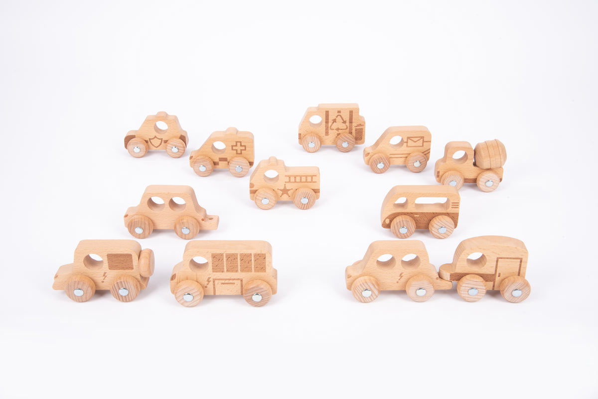 Natural wooden vehicle set with small toy cars and trucks, light wood finish