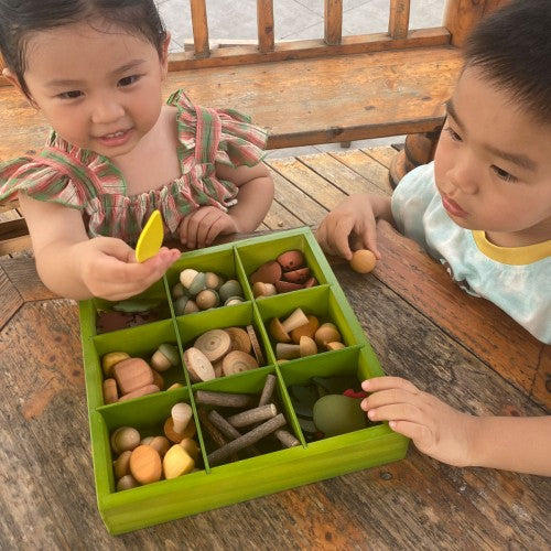 Green toy sorting box with grid compartments for wooden pretend produce