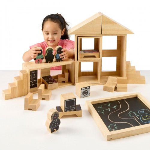 Wooden nesting dolls house playset with multi-level house, chalkboards and small figures.