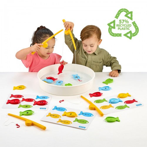 Number fishing toy set with fishing rods, numbered fish, and round catch tub