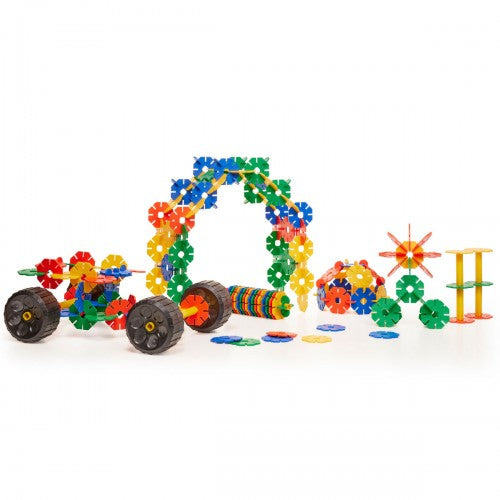 Colorful plastic gear-building toy set with connecting pieces and wheels