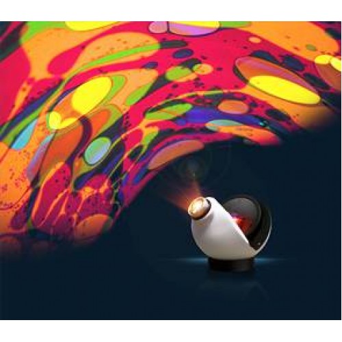 White projector with beam showing colorful abstract swirl pattern