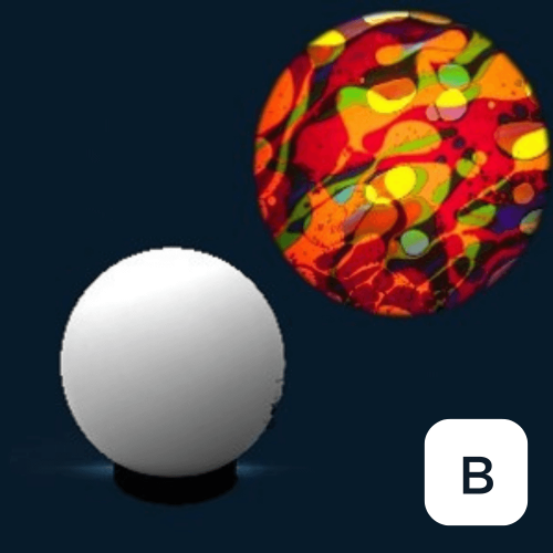 Visual effects projector with red multicolor liquid pattern wheel (B), white globe base