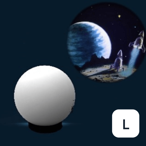 Visual effects projector with moon and landscape light wheel (L), white globe base