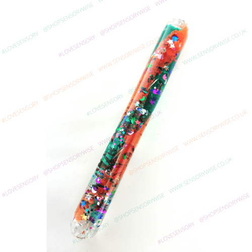 Glitter mini tube with orange and green confetti stars, clear ends