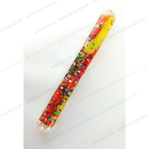 Glitter mini tube with orange and yellow confetti stars, clear silver tip