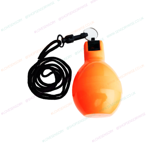 Squeeze whistle with black lanyard and orange squeezable bulb