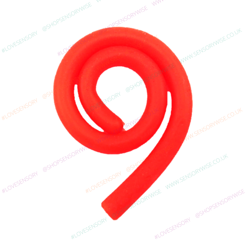 Orange stretchy noodle fidget, coiled loop with curved tail.