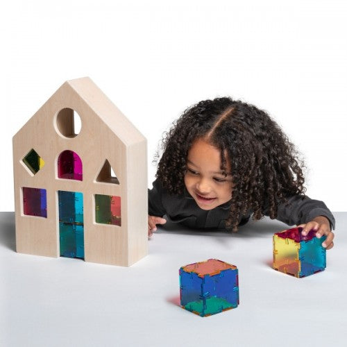 Wooden crystal color-mixing house with multicolor window panels and plastic blocks