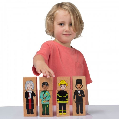 Our Community wooden blocks set with 4 printed character figures on wooden blocks