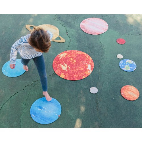 Solar system play mats set of circular planet designs with blue and red tones