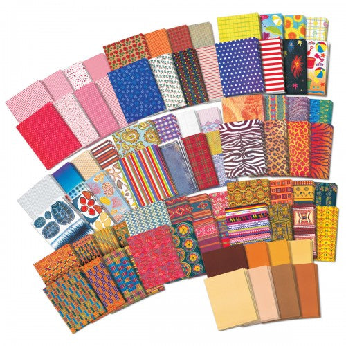 Patterned paper classpack with assorted colorful printed sheets, stripes, dots, and animal patterns