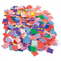 Assorted small patterned fabric squares in red, blue, green, purple
