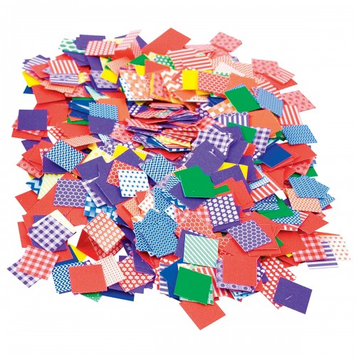 Assorted small patterned fabric squares in red, blue, green, purple