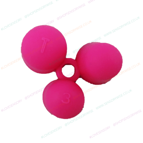 Pink claw-style flexible pencil grip with three rounded prongs