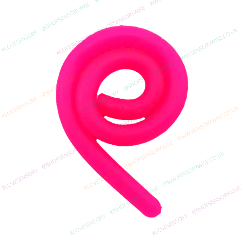 Pink stretchy noodle fidget, coiled loop with curved tail.