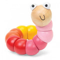 Wooden worm fidget toy with pink, orange and yellow segments, smiling wooden frog head