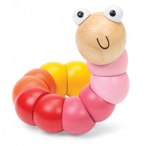 Wooden worm fidget toy with pink, orange and yellow segments, smiling wooden frog head