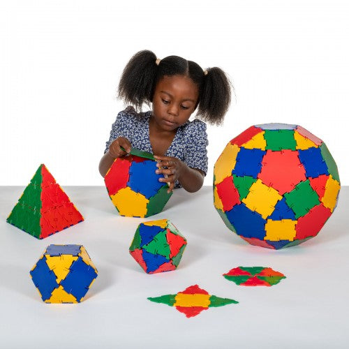Colorful polygon building pieces and ball, with flat shapes for construction play