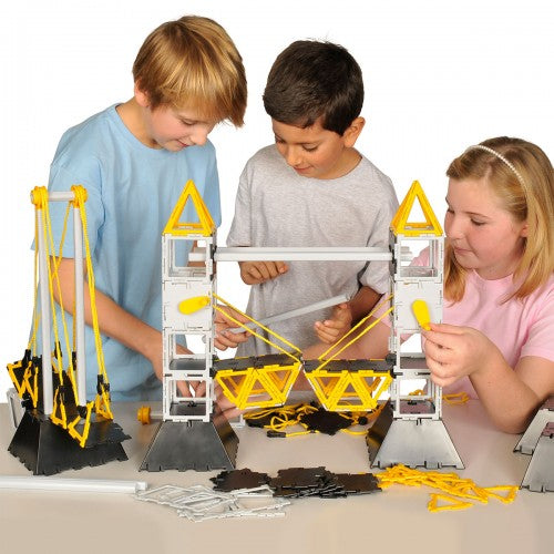 Kids' bridge construction set with yellow triangular truss pieces and gray supports