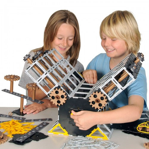 Engineering construction set with gray frame, gears, and black base plates for building models