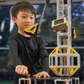 Plastic engineering construction pieces with yellow connectors and rectangular frames