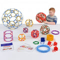 Colorful plastic geometric framework solids set with large ball and small polyhedra