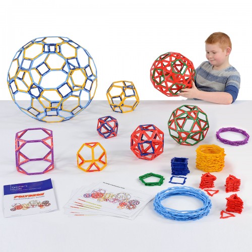 Colorful plastic geometric framework solids set with large ball and small polyhedra