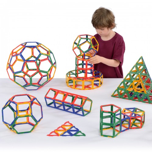 Colorful Polydron framework building set with geometric panels and beams, assorted pieces