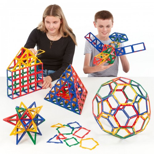 Multi-piece geometric construction set with colorful plastic frame shape pieces