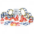 Geometric building set with blue/yellow prism frames and red triangular pyramid pieces