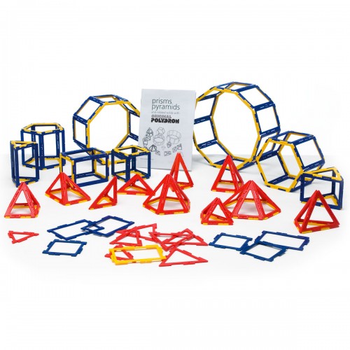 Geometric building set with blue/yellow prism frames and red triangular pyramid pieces
