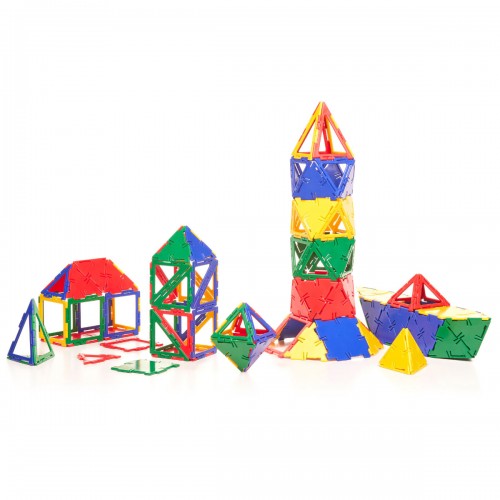 Polydron Mega Box set of colorful geometric building pieces with assembled structures