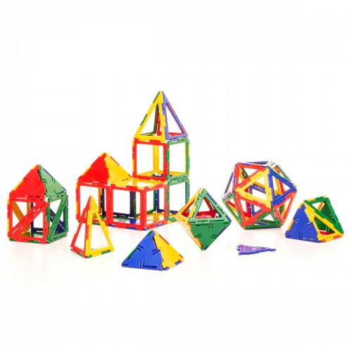 Colorful polyhedron building pieces set with triangles and panels, assorted sizes