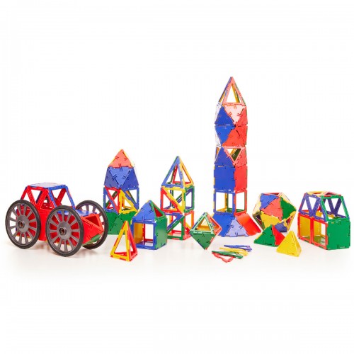 Colorful magnetic geometric building set with wheels and assorted shapes