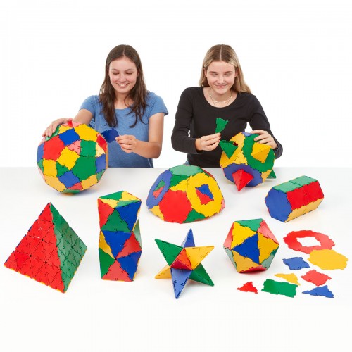 Primary maths polyhedron set with colorful geometric blocks and pieces in assorted shapes