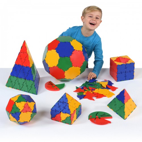 Colorful school geometry set pieces forming a ball, pyramid, cube, and polyhedra
