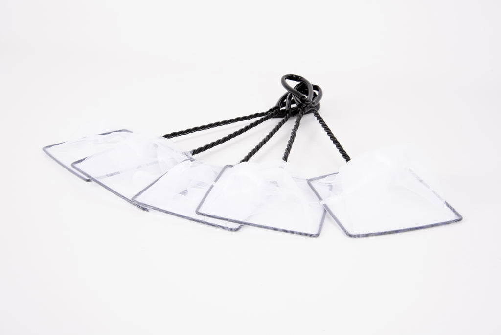 Pond net with black rope and clear mesh panels, folded flat