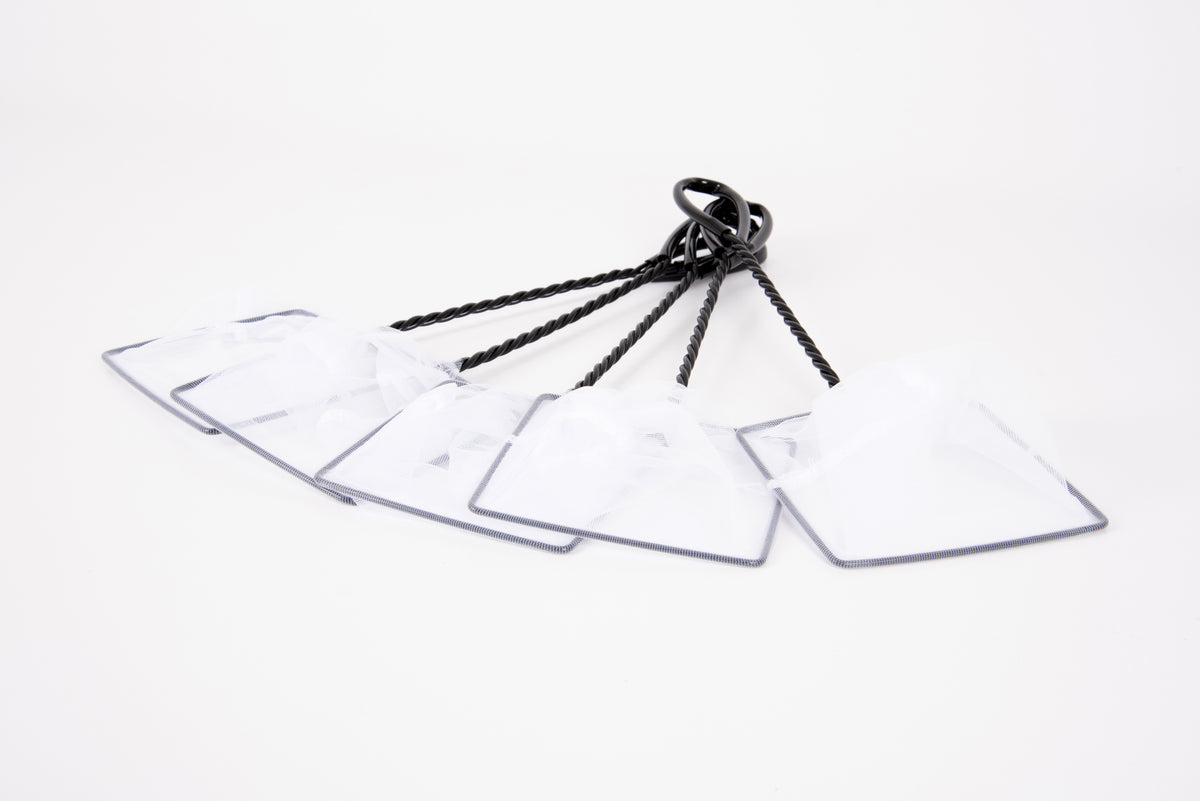 Pond net with black rope and clear mesh panels, folded flat