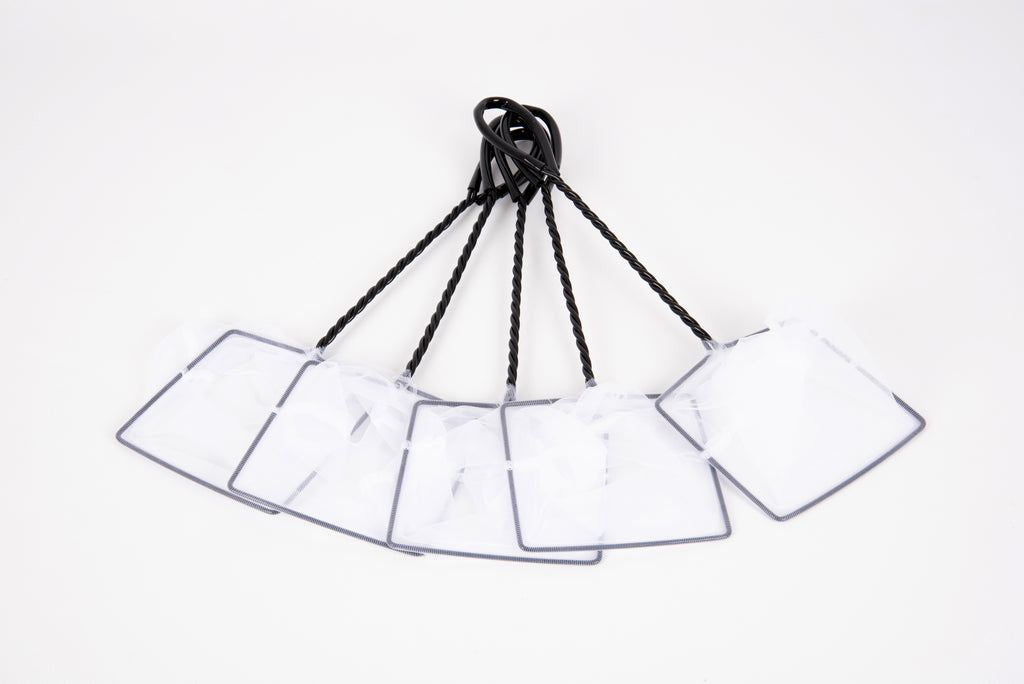 Pond net with black rope and clear mesh panels, fanned out