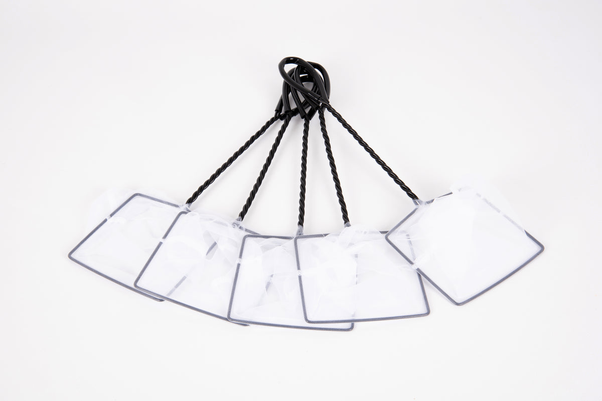 Pond net with black rope and clear mesh panels, fanned out
